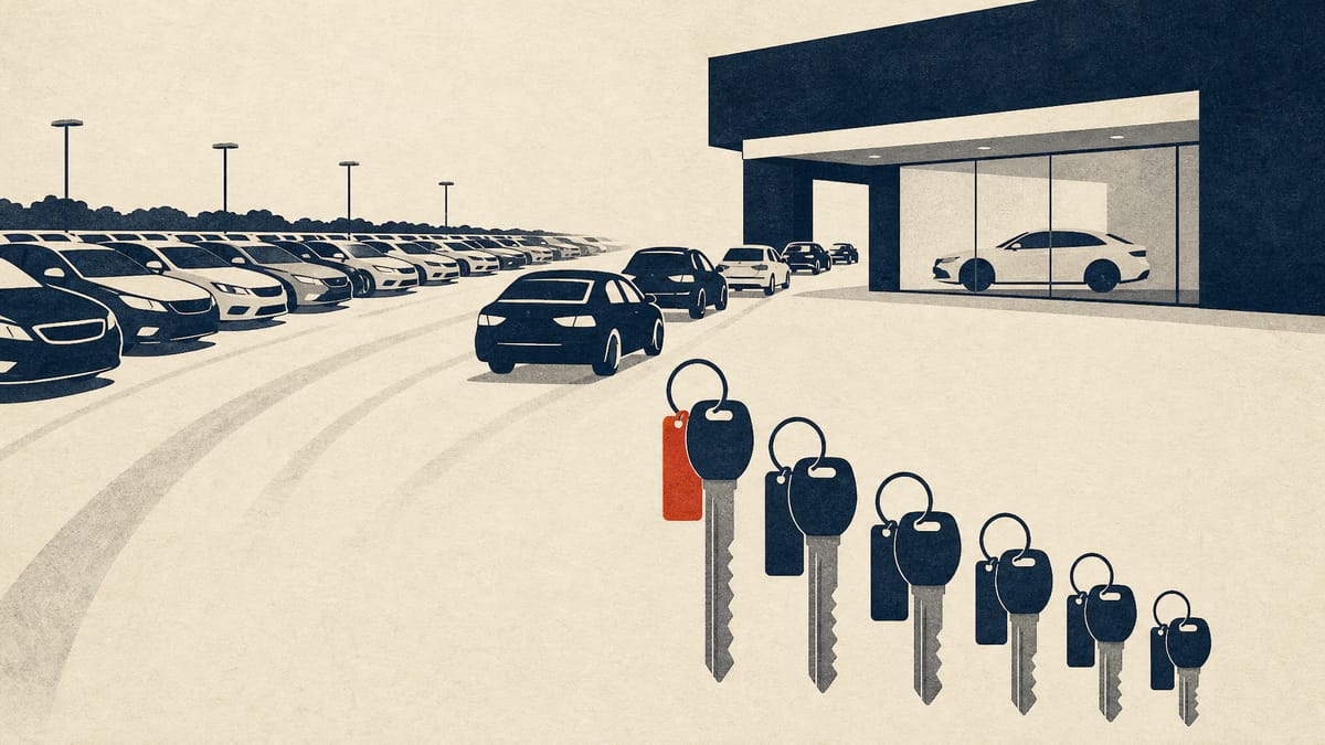 Used cars lined up in a dealership yard, with a row moving from a wholesale lane toward a retail showroom and a falling bar chart built from car keys.