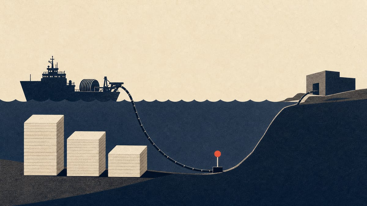 Illustration of a subsea cable running from a cable-laying ship to a coastal landing station, beside stacked blocks that step down in height.