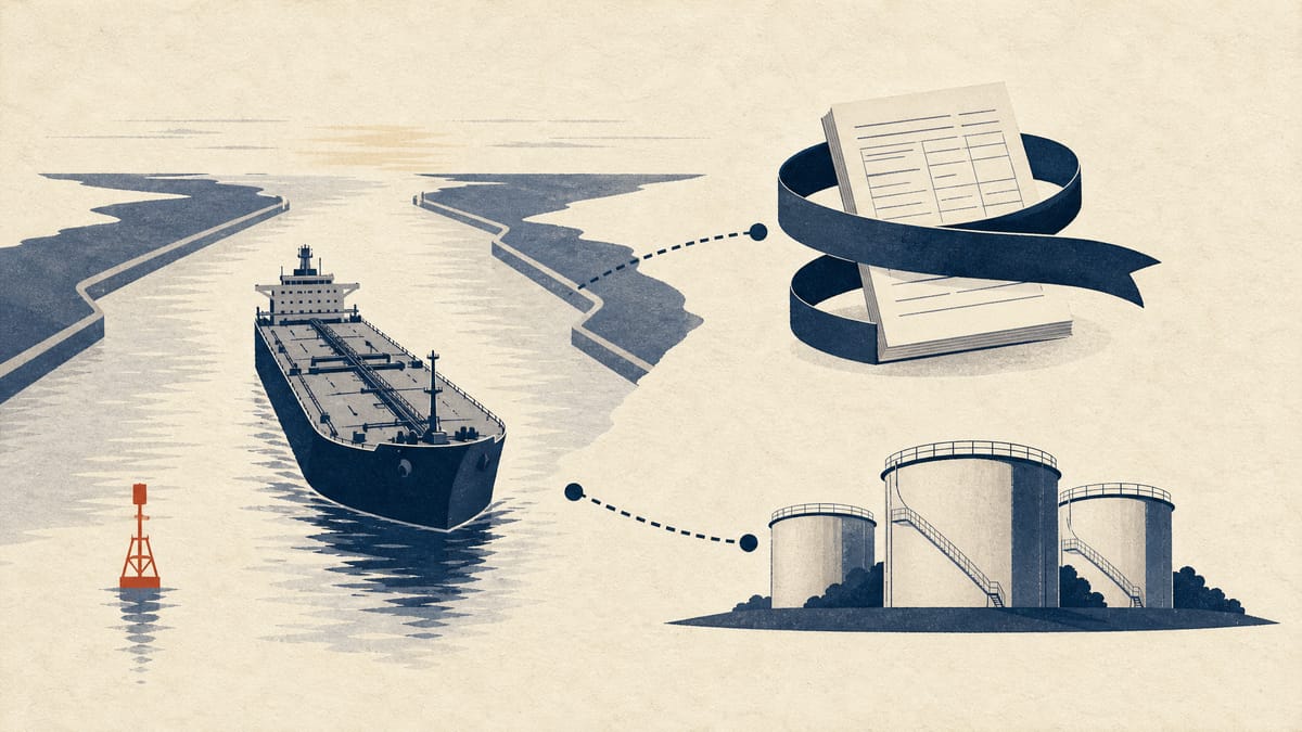 A crude oil tanker in a narrow shipping channel beside storage tanks, with an insurance ribbon looped around a cargo manifest.