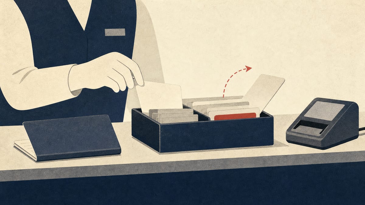 A bank counter with a passbook and card reader beside a tray of blank index cards, one being added and one removed.