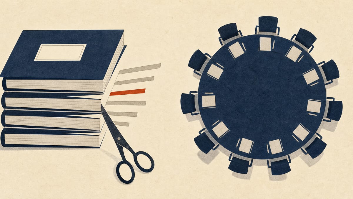 Illustration of stacked budget ledgers with some lines trimmed, next to an overhead view of a round ministerial conference table.