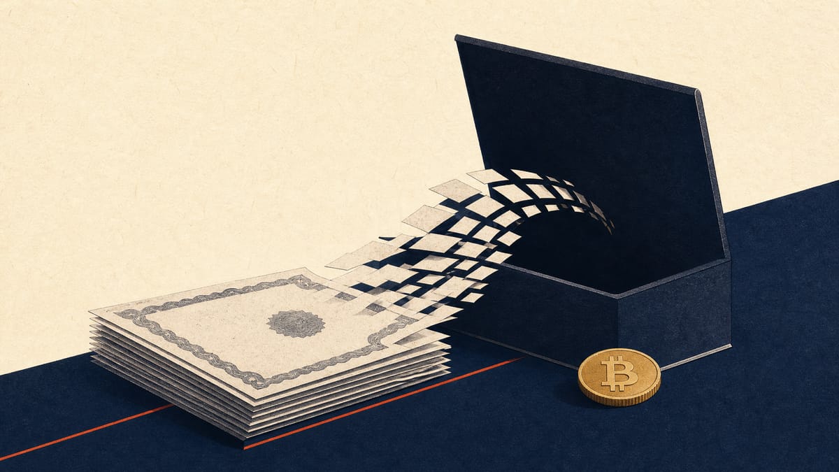 Illustration of share certificates being drawn into a ledger beside a small gold bitcoin token, representing a company buyback.