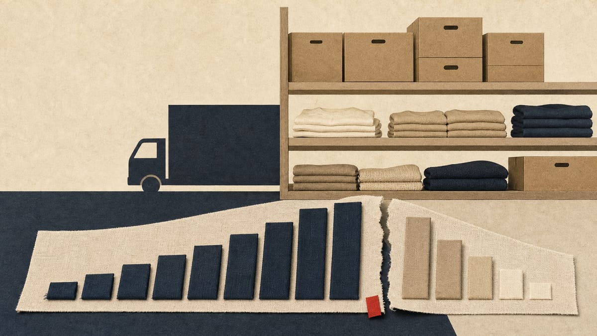 Neatly folded neutral-toned garments and storage boxes on a shelf beside a stepped bar chart made of fabric strips, one segment fading out.