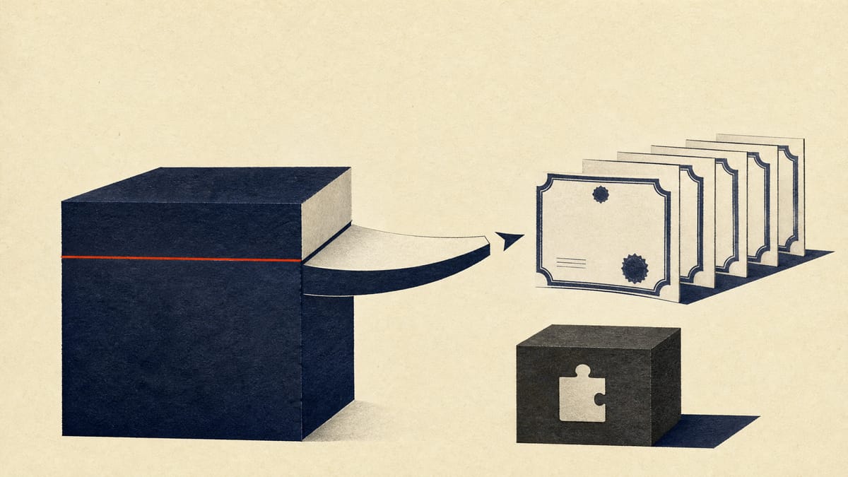 Abstract illustration of a block representing company equity with a large portion separating off as a shareholder payout, next to a smaller reserved block for acquisitions.