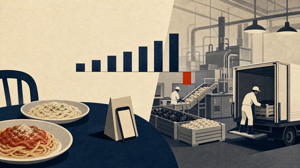 A restaurant table with pasta and a phone for ordering beside a food plant with conveyors and delivery crates, joined by a bar chart in which one bar dips.