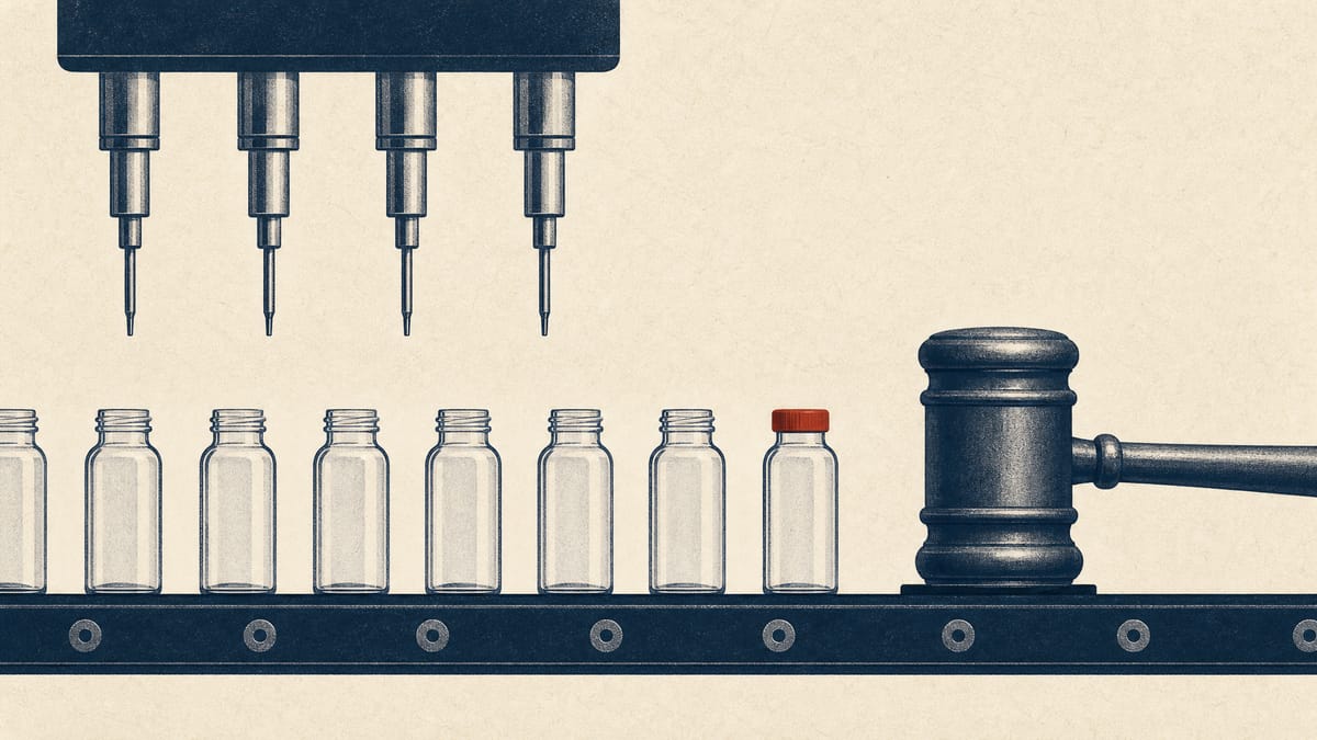 Illustration of an aseptic bottling line with a gavel-shaped weight resting on the conveyor among empty bottles.