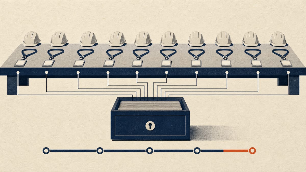 Illustration of factory hard hats and lanyards on an assembly bench, each connected to a single locked ledger drawer above a five-segment timeline.