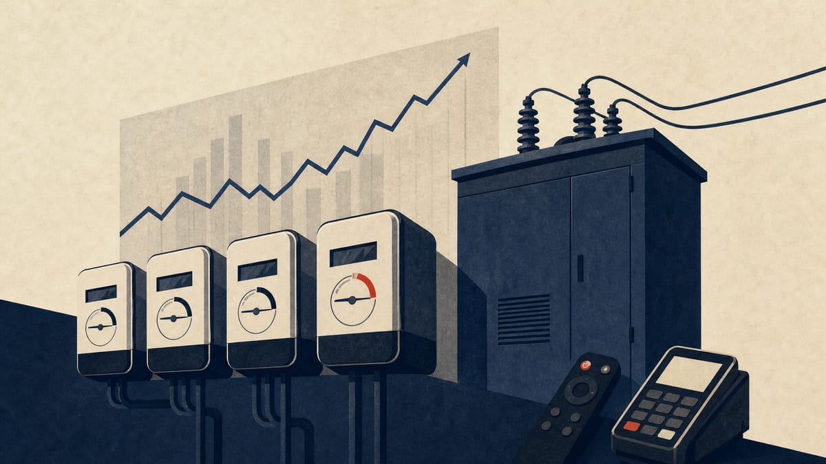 Electricity meters and a distribution cabinet in front of a rising price line, with a streaming remote and a card reader at the edge of the frame.