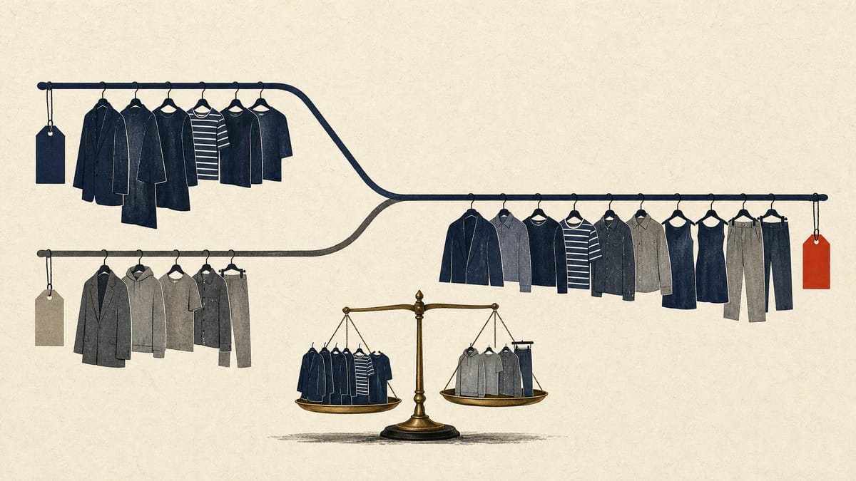 Two clothing rails merging into one, with a small balance scale weighing unequal sets of hangers beside the junction.
