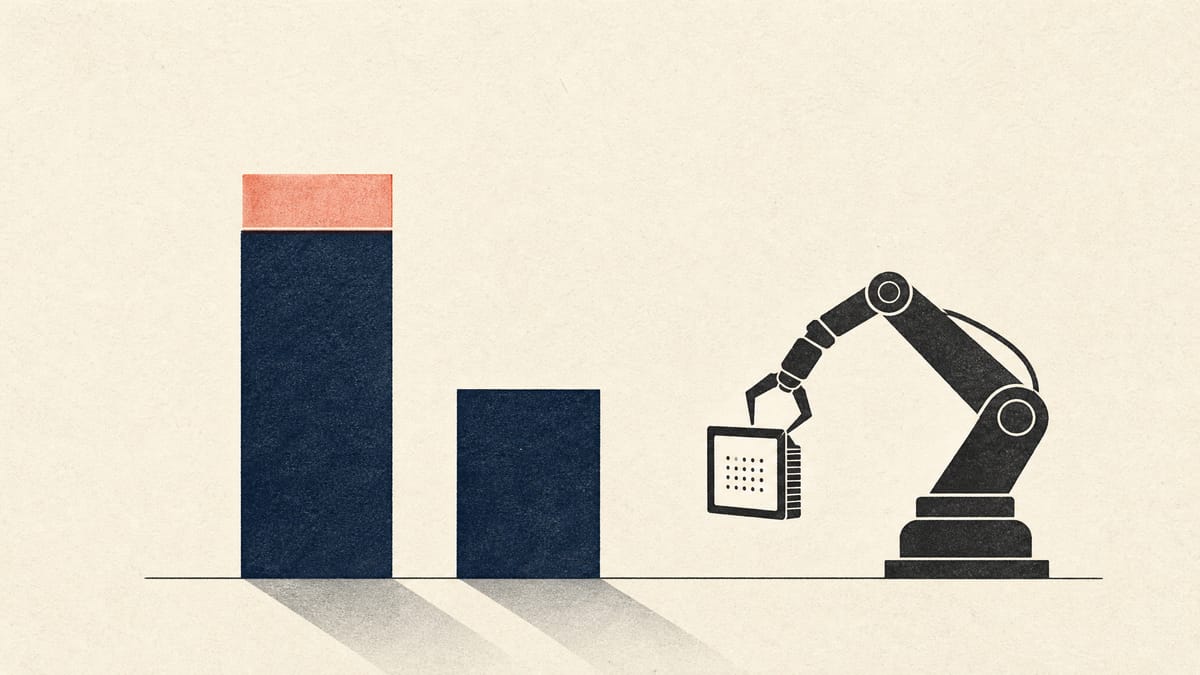 Two bar columns of different heights, the taller one topped by a thin separate layer, beside a robotic arm holding a data cartridge.