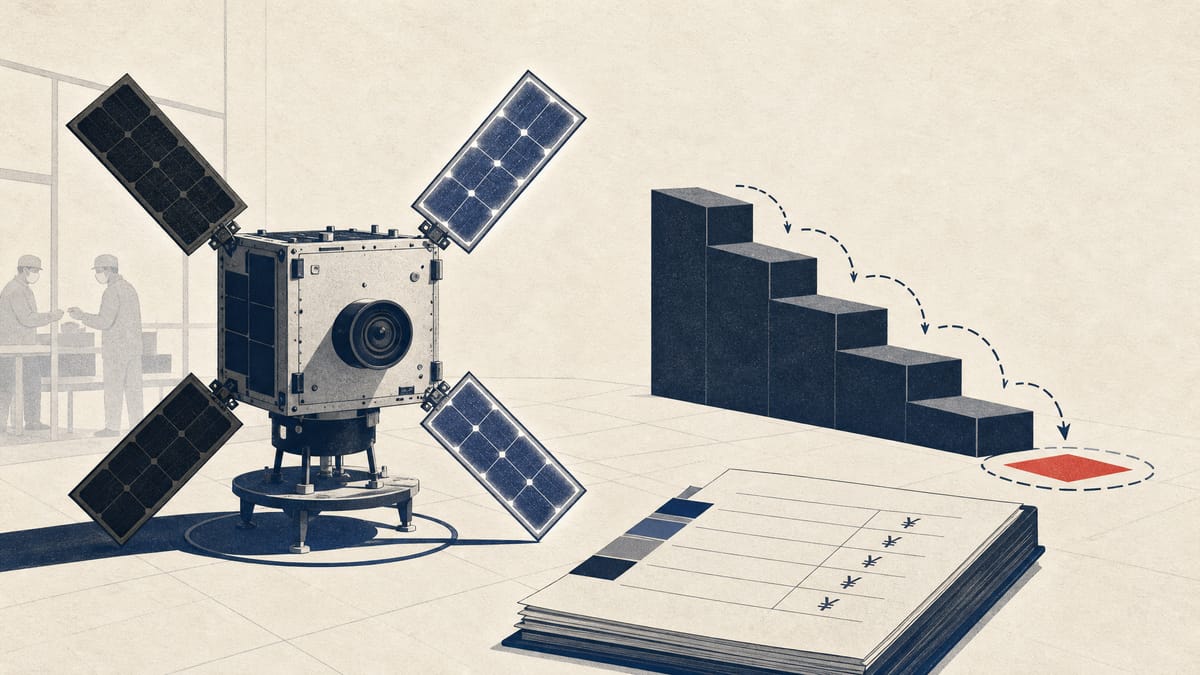 Illustration of a small satellite with four dimmed panels and three lit panels beside a stepped price ladder and a ledger of warrant tranches.