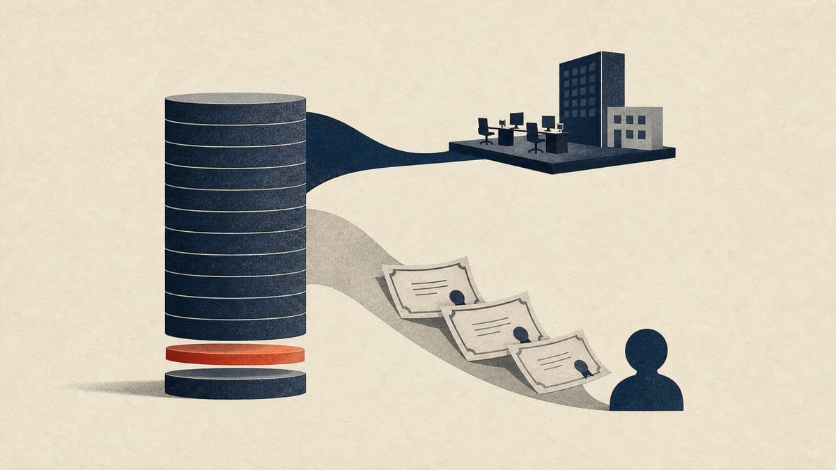 Abstract illustration of a stack of cash blocks with a base layer set aside and the surplus split into investment and share buyback channels.