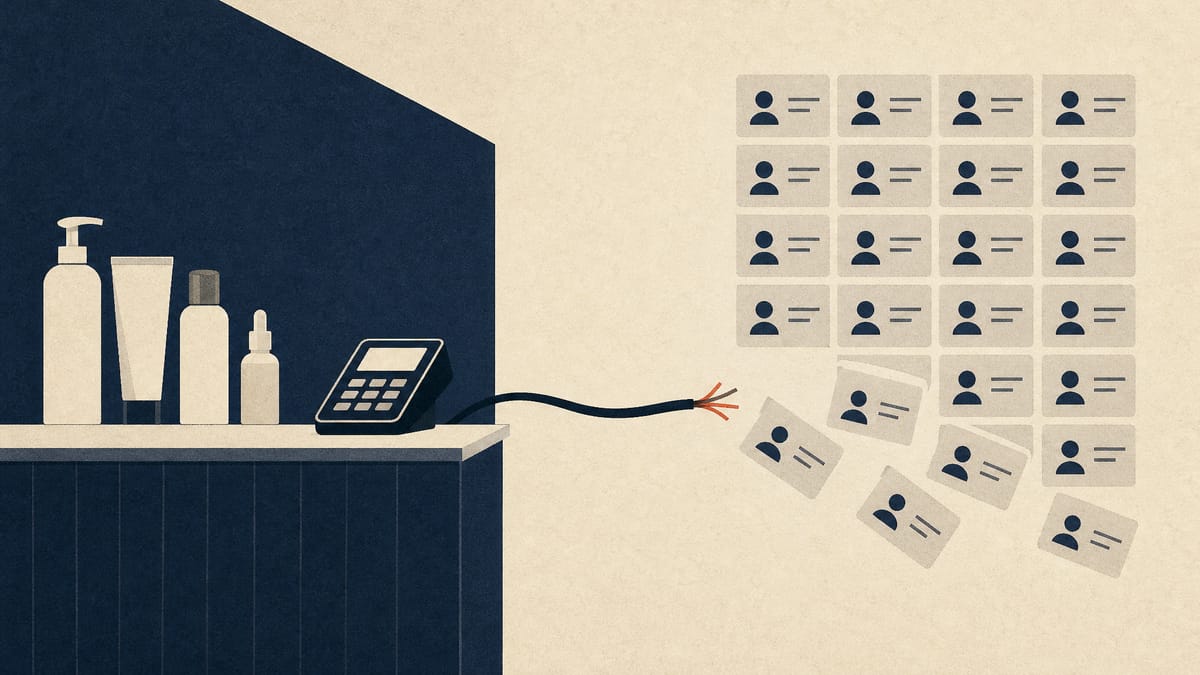 Editorial illustration of salon supply products beside a grid of customer record tiles, some breaking away through a severed cable.