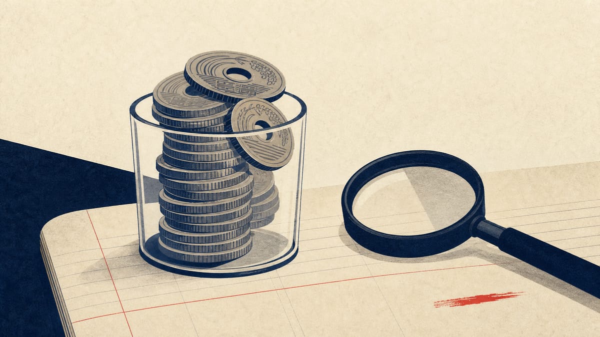 A glass measuring container overflowing with yen coins beside a magnifying loupe, suggesting an inquiry into an excess dividend payment.