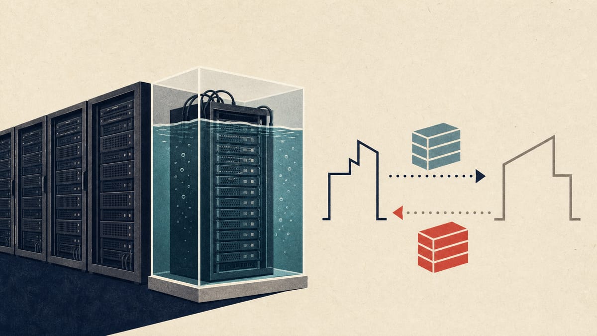 Server racks and an immersion-cooling tank next to a diagram of blocks being exchanged between two companies, illustrating a share-exchange acquisition of an AI infrastructure firm.