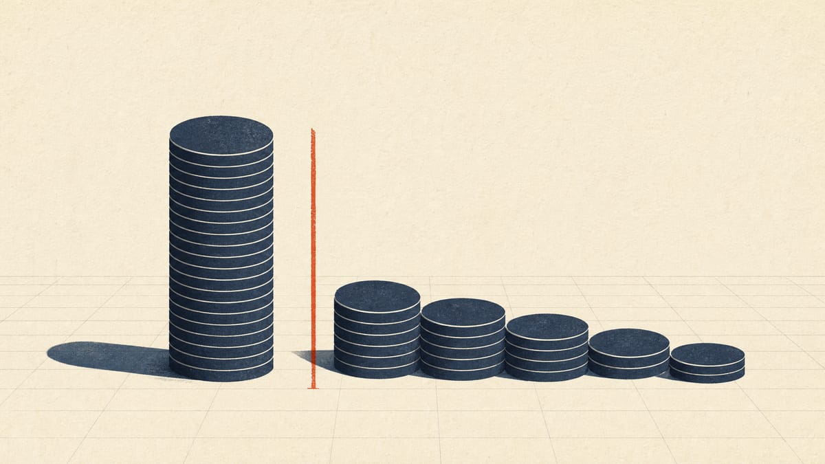 Illustration contrasting one tall stack of coins with a stepped row of smaller stacks, depicting commission paid at once versus in instalments.