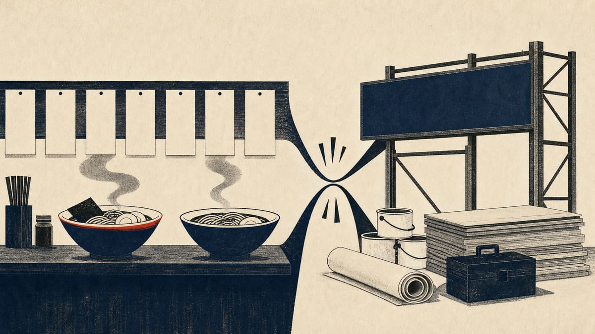 Ramen bowls on a restaurant counter beside blank price tiles and an unfinished shop signage frame.