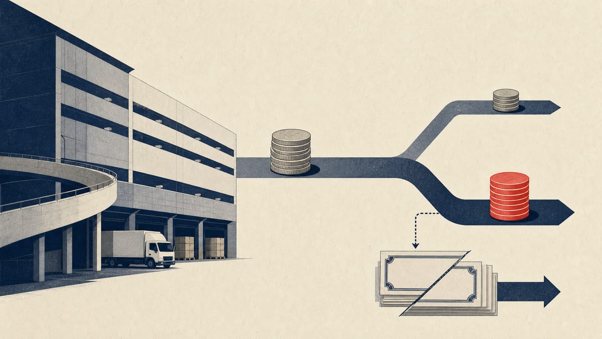 Editorial illustration of a multi-level logistics warehouse with loading docks, beside a diagram of a coin stream splitting into two channels and a stack of retired certificates.