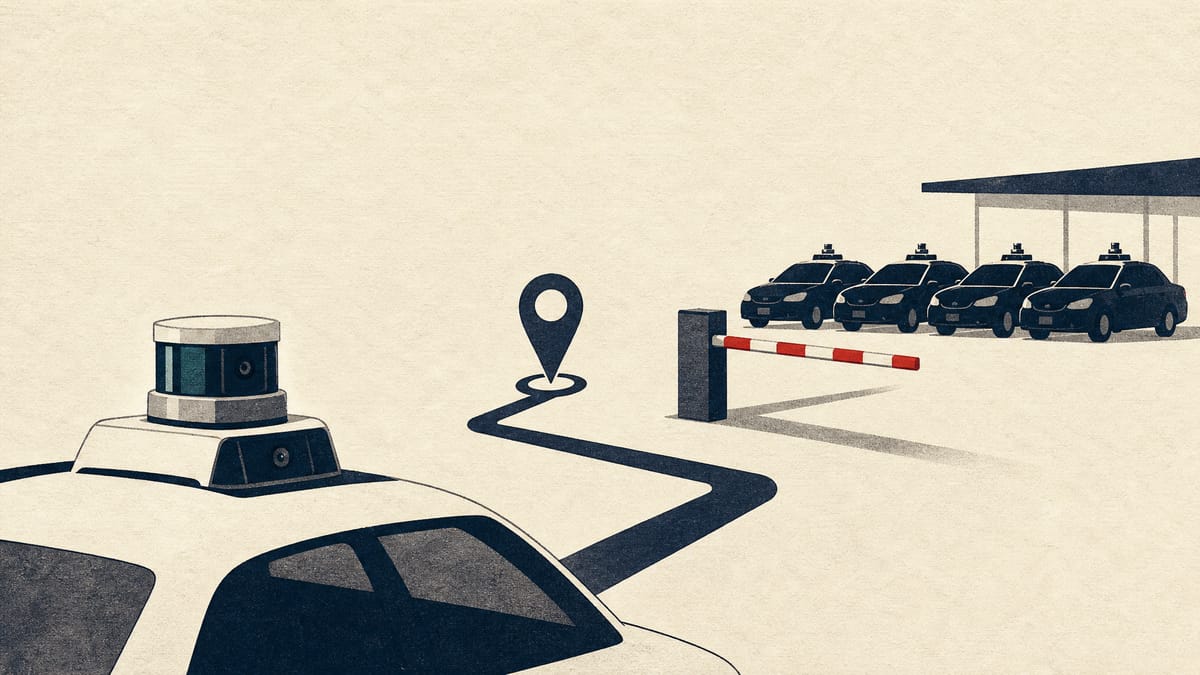 Illustration of a driverless taxi sensor, a ride-hailing map pin and a row of taxis behind a checkpoint gate, suggesting a permit-gated rollout.