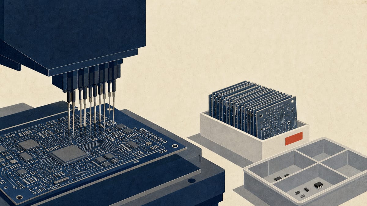 A flying-probe inspection machine over a multilayer circuit board, with stacked boards waiting beside an almost empty bin of components.