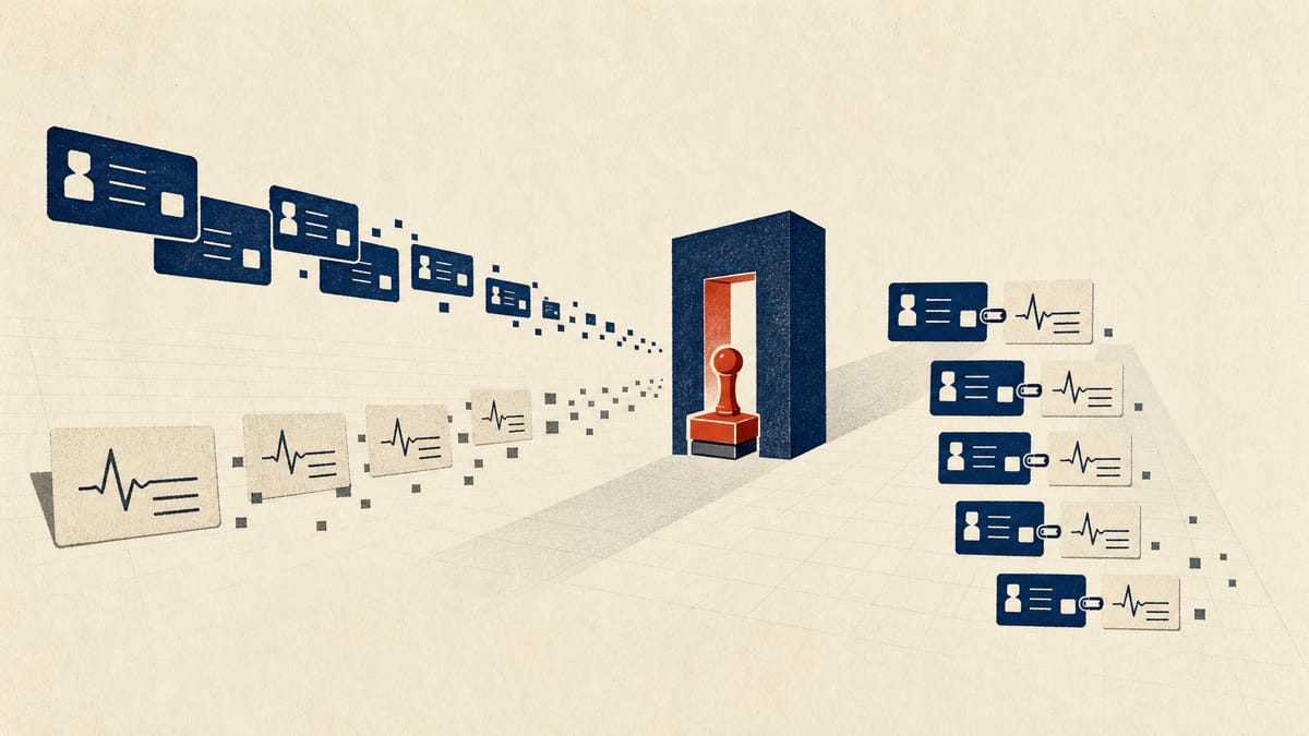 Abstract illustration of two streams of record blocks passing through a single gateway that matches them into pairs, representing health-data linkage.