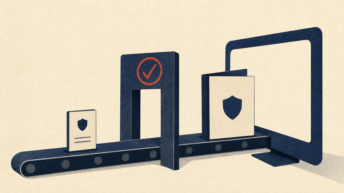 Illustration of small insurance cards passing through a compliance checkpoint on their way to an online partner checkout.