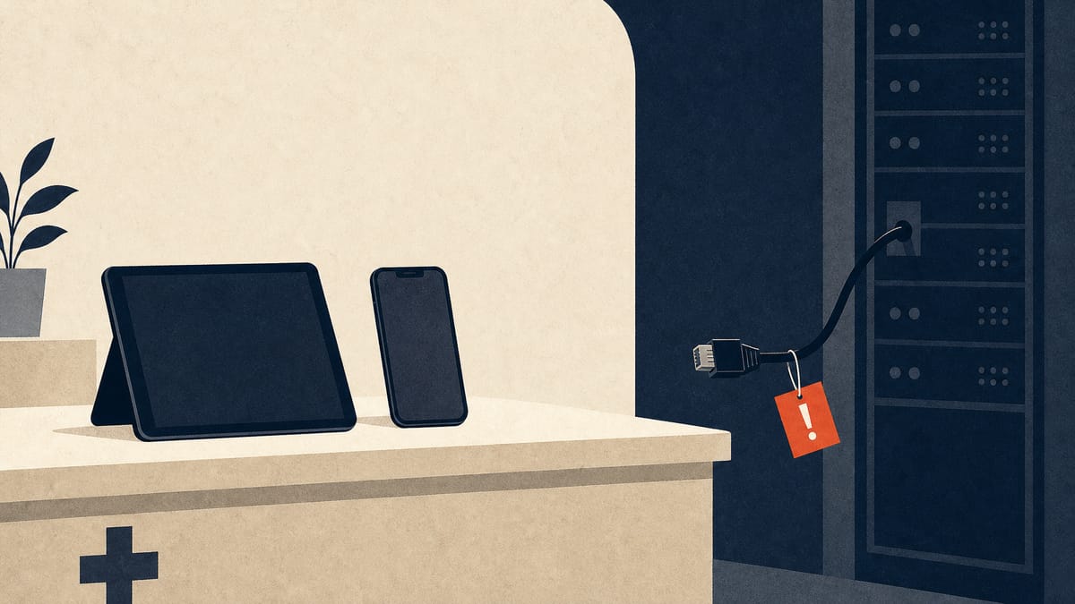 Editorial illustration of a clinic counter with a dark tablet and phone, and a disconnected cable on a server rack behind them.