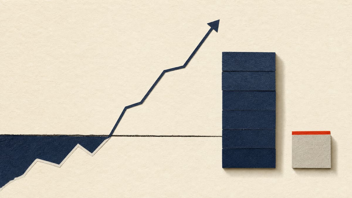 Abstract chart-like composition of a profit line crossing a zero baseline beside stacked recurring-revenue bars and one separate one-off block.