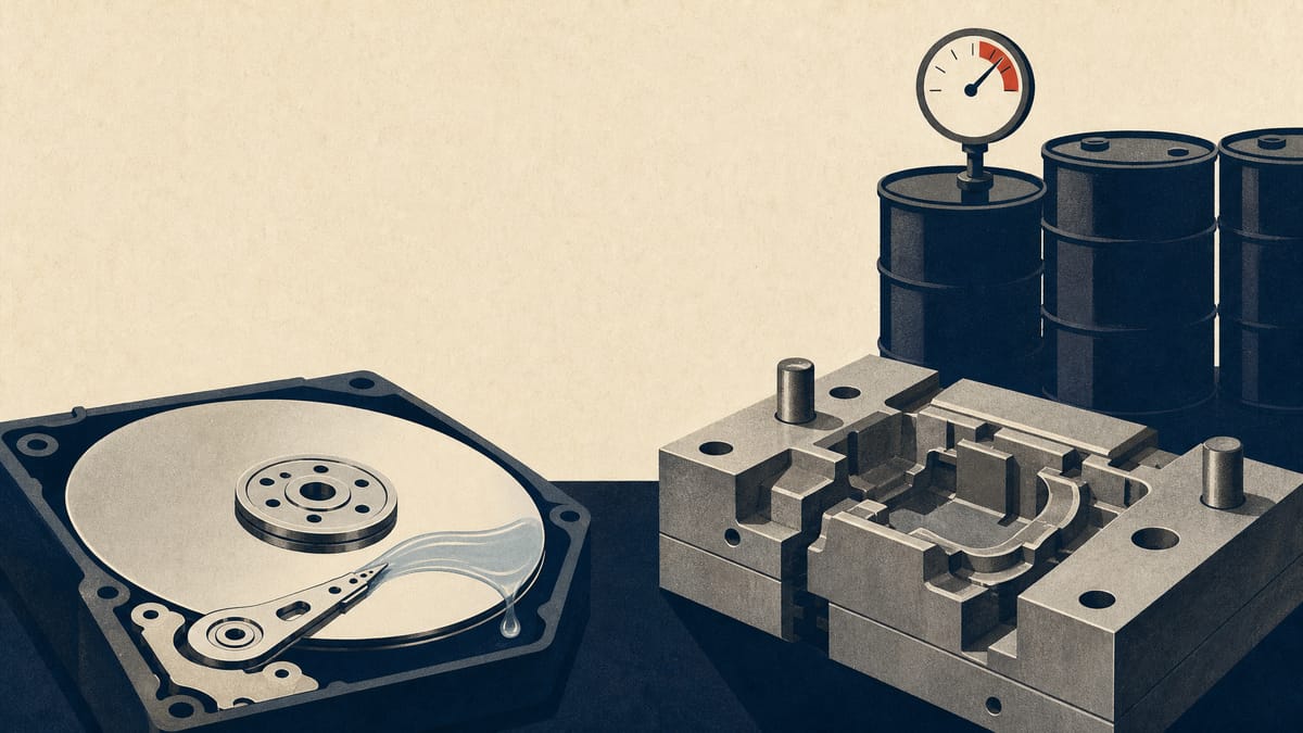 Editorial illustration of a hard-disk platter, a die-casting mold and oil drums representing specialty lubricant sales.