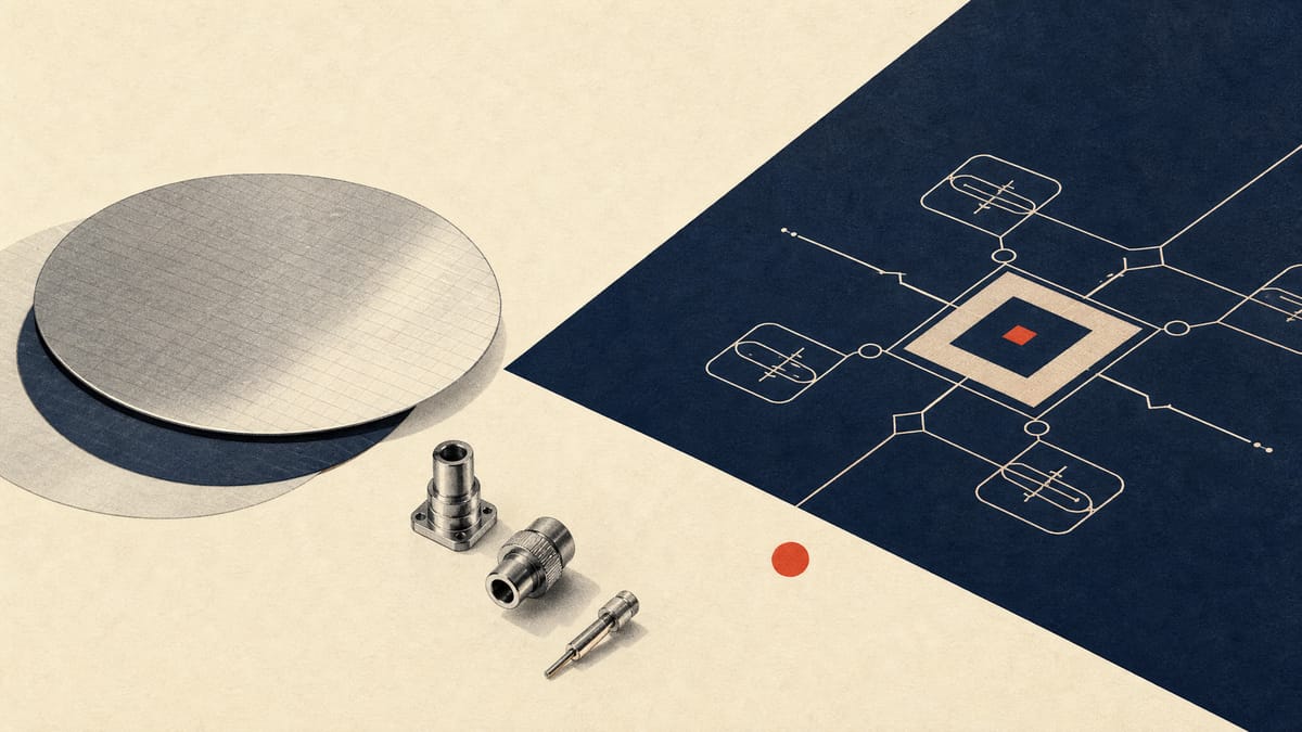Wafers and small metal components laid out beside an abstract chip diagram, suggesting quantum-computer hardware supply.