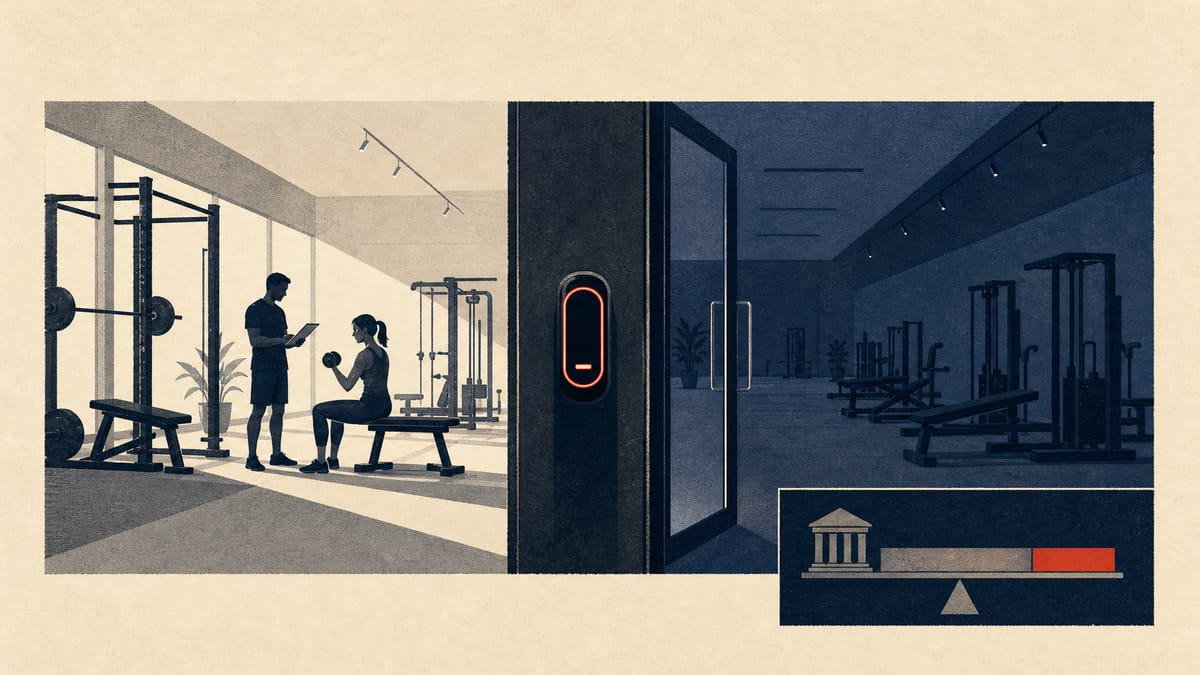 Illustration of a fitness studio with a smart entry lock, contrasting a staffed daytime floor with an empty after-hours floor.