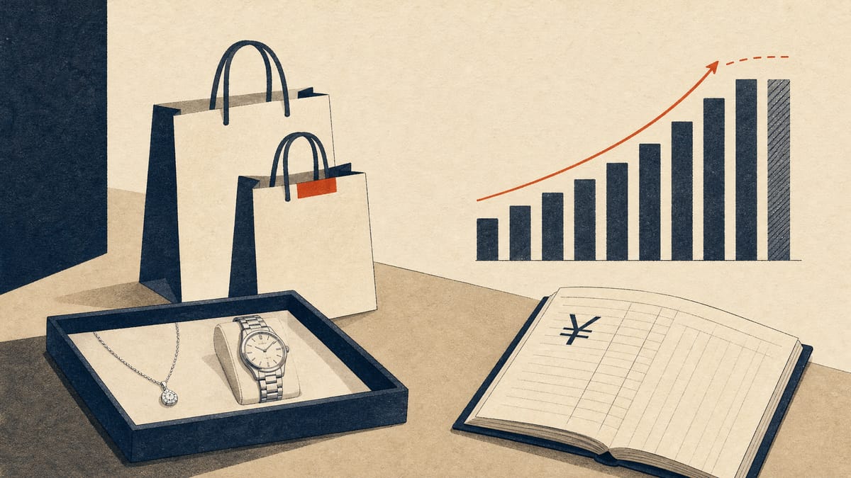 Editorial illustration of a department-store luxury goods counter with shopping bags and a ledger beside a bar chart of profit and margin.
