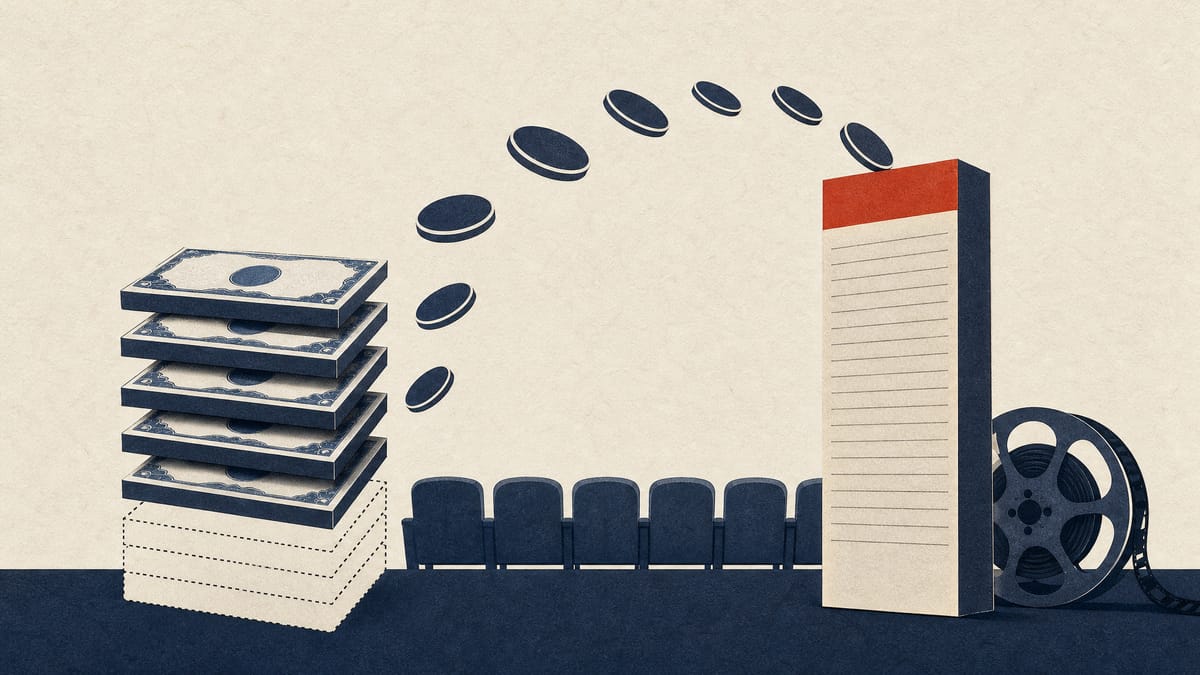 Editorial illustration of stacked share blocks shrinking while coins flow into a rising ledger bar, with cinema seats and a film reel unchanged behind them.