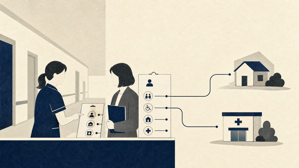 Illustration of a nurse and a social worker at a hospital discharge-planning station, with lines connecting the ward to a home and a community clinic.