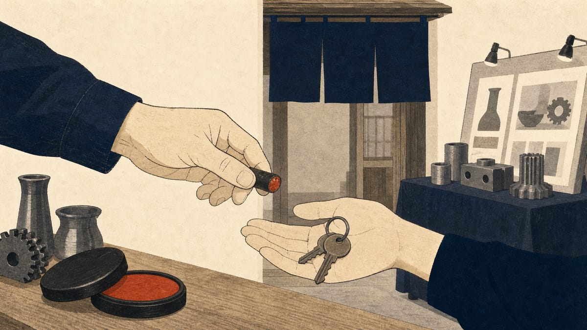 Illustration of an older hand passing a company seal and keys to a younger hand in a small workshop, with product samples on display behind them.