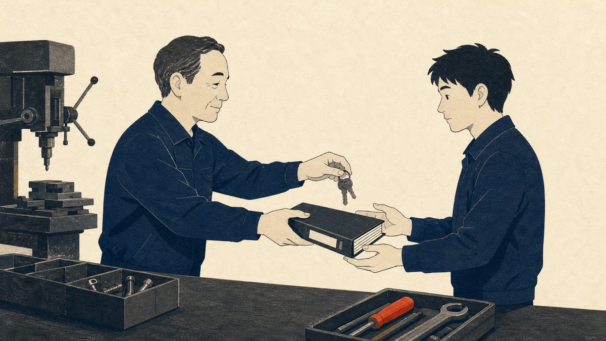 A workshop owner passes keys and a binder to a younger colleague across a workbench in a small manufacturing shop.