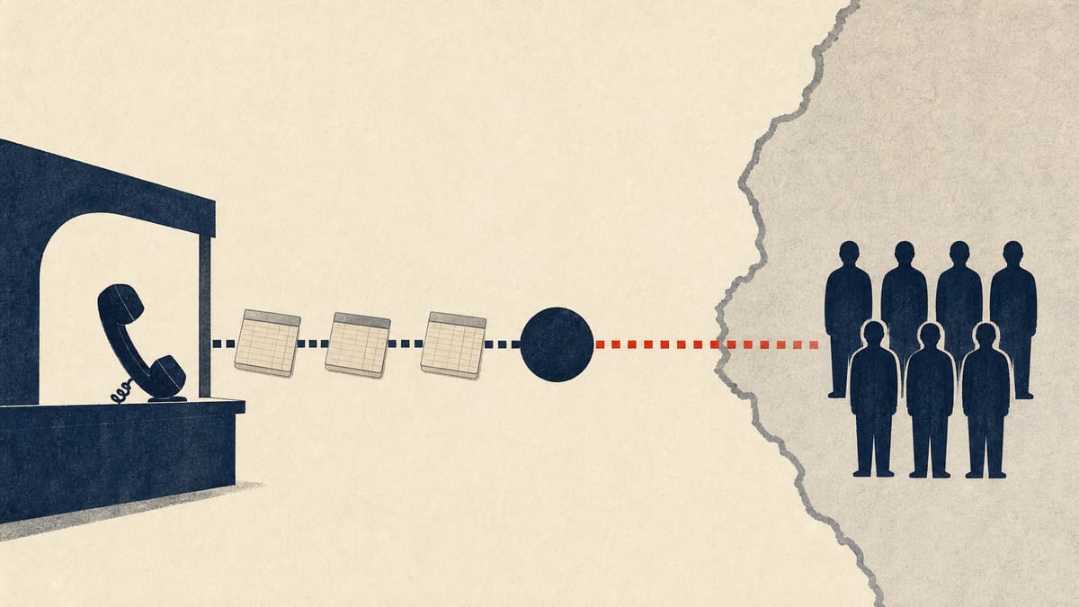 Abstract editorial illustration of money-transfer routes leading from a bank telephone through an intermediary to a group of seven silhouetted figures across a border line.