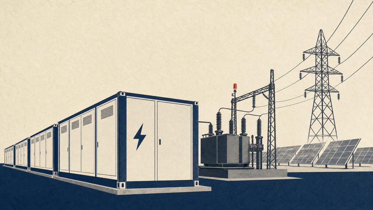 Containerised battery storage units in the foreground beside substation equipment, with a smaller field of solar panels in the background.