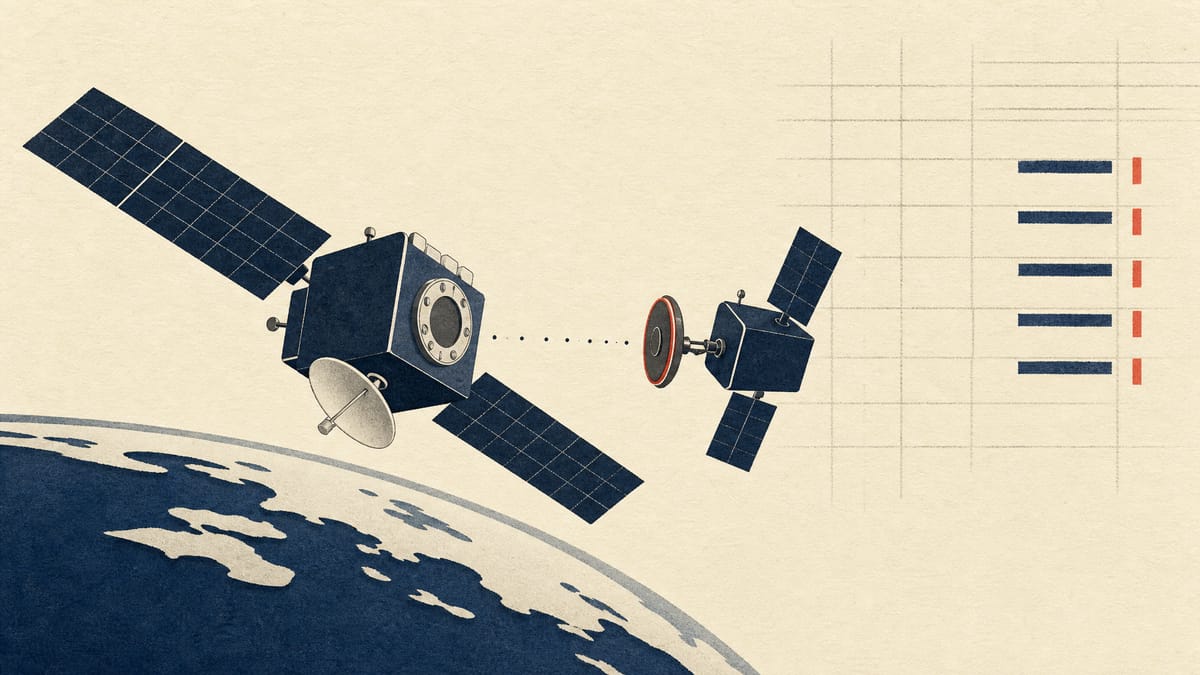Illustration of a servicing satellite approaching a communications satellite to dock before deorbiting it