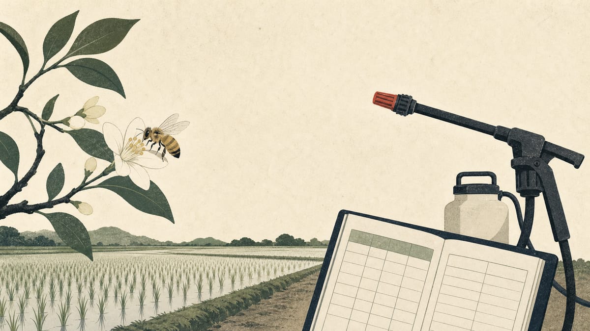 A honeybee on a citrus blossom beside a rice paddy, with a spray nozzle and a ledger of dose ratios in the foreground.