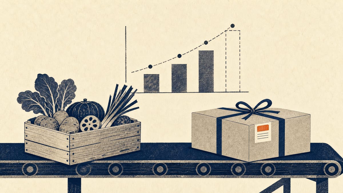 Crates of regional produce and packed gift boxes on a processing line beneath an abstract chart of staged payments