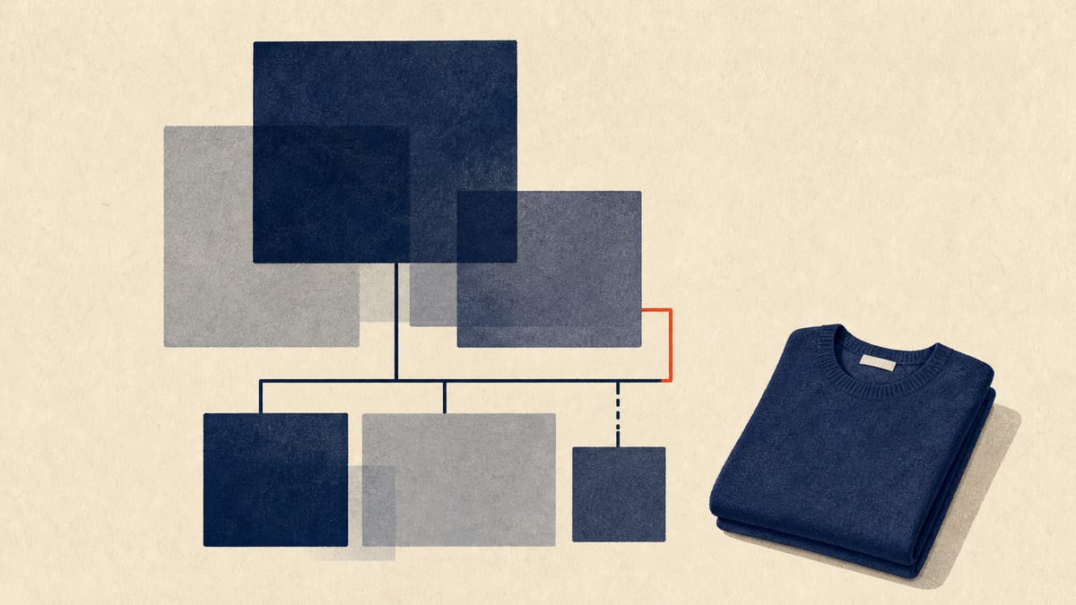 Abstract diagram of overlapping ownership blocks joined by connector lines, with a folded knit garment beside them.