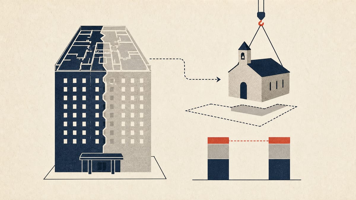 Illustration of a hotel floor plan consolidating two operating zones into one, next to a chapel block removed from a site plan and a balanced stack of payout bars.