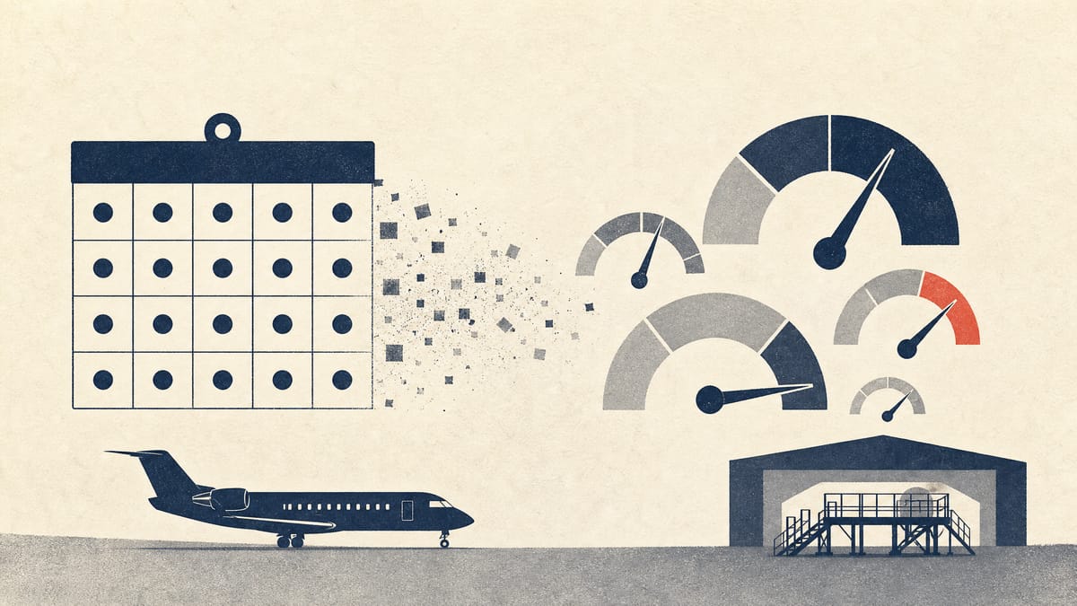 Illustration of an even grid of audit slots giving way to uneven risk-score dials beside an airliner silhouette and a maintenance stand.