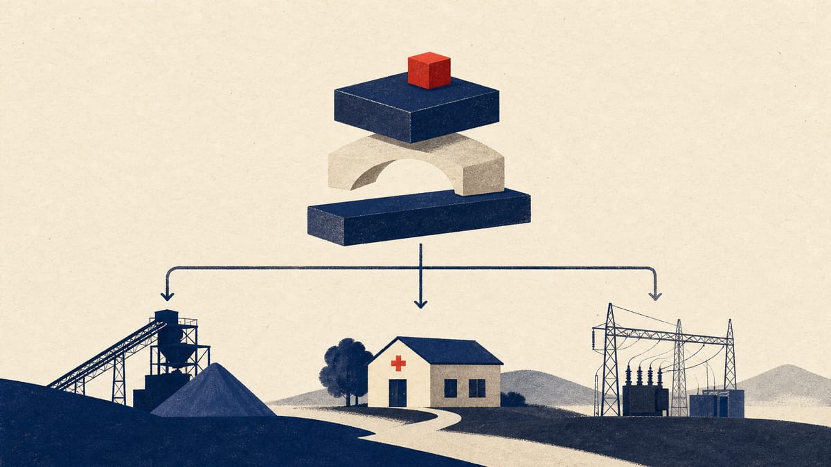 Stylised diagram of layered funding blocks flowing to a mineral processing plant, a clinic and a power substation.