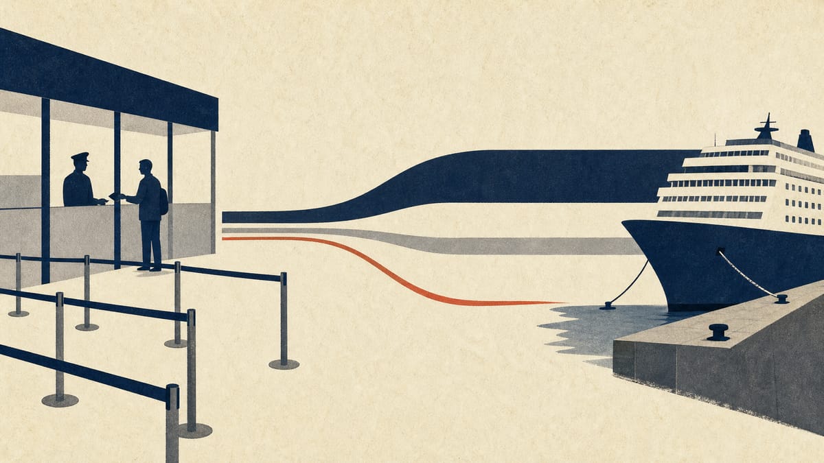 Editorial illustration of airport passport-control lanes and a berthed cruise ship linked by flow lines of different widths, suggesting shifting visitor flows into Japan.