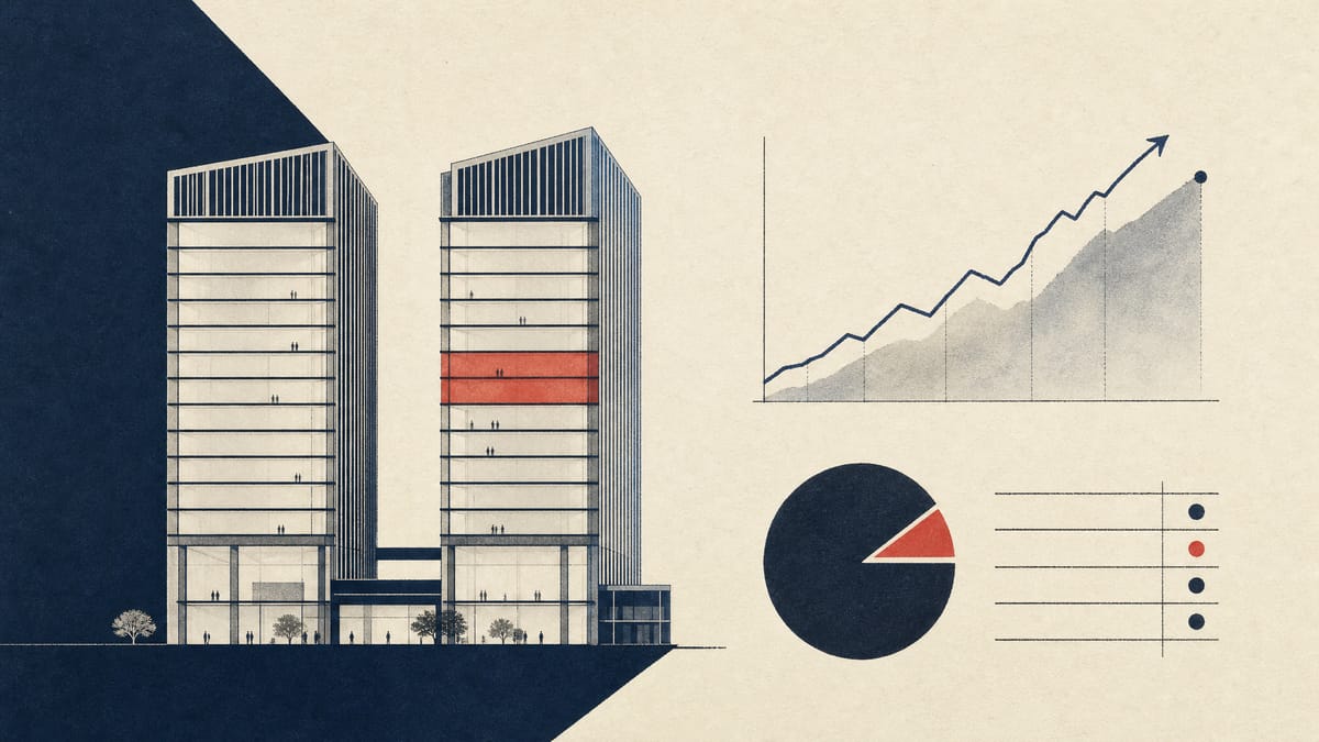Illustration of two office towers with a highlighted slice of floors representing a partial ownership stake, next to a rent trend line and yield diagram.