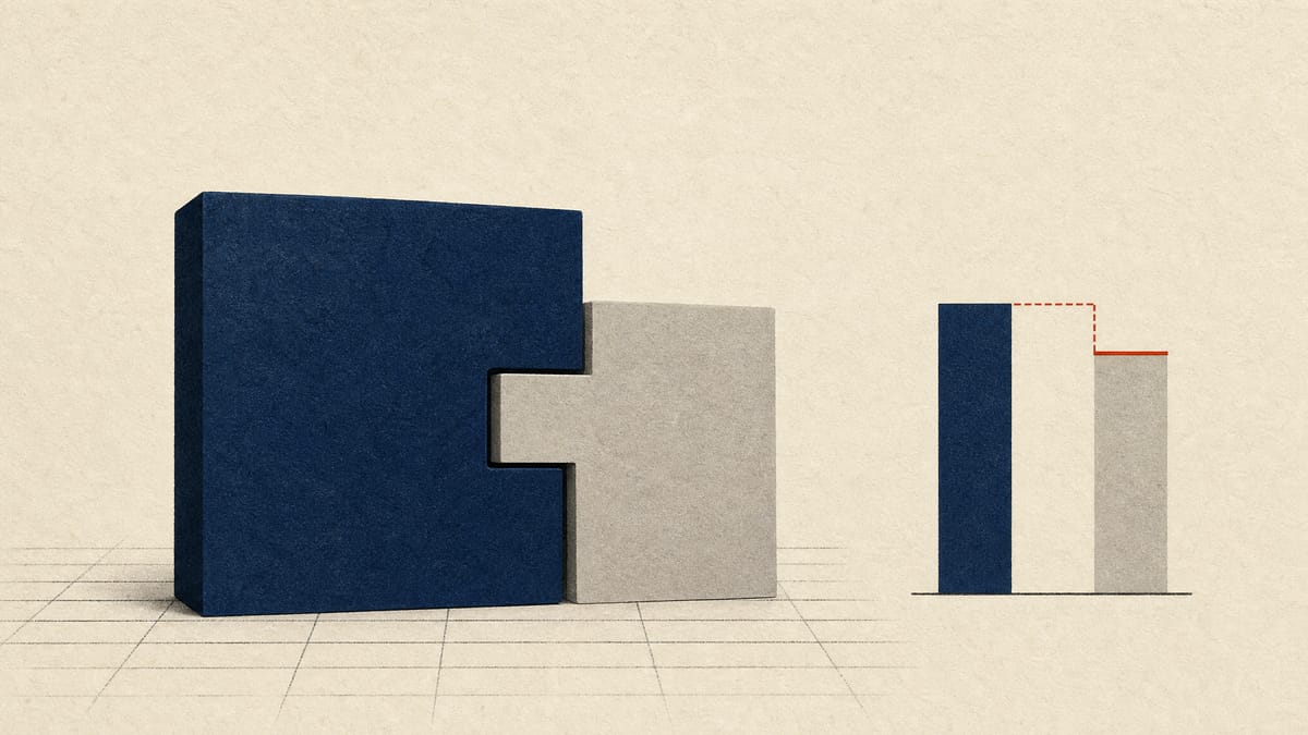 Abstract illustration of two blocks fitting together beside a price bar that steps down slightly, representing a completed acquisition with an adjusted price.