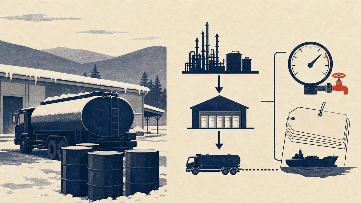 Kerosene tank trucks and drums at a winter fuel depot beside a diagram of direct delivery from refiner to wholesaler