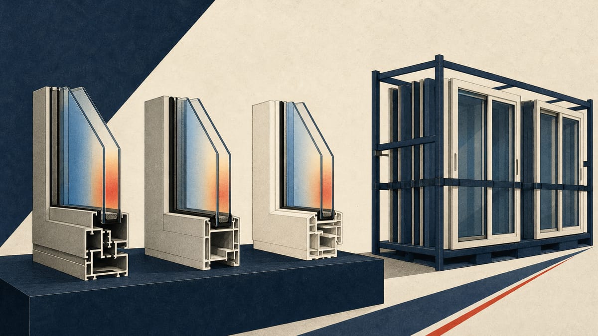 Window sash frames in aluminium, composite and resin profiles lined up on a factory rack with double glazing and a faint thermal gradient across the glass